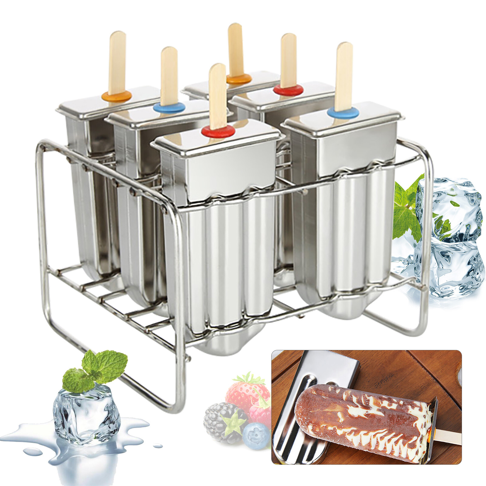 6Pcs Ice Cream Sticks Molds Pop Lolly Popsicle Mold Pop Holder Stainless Steel