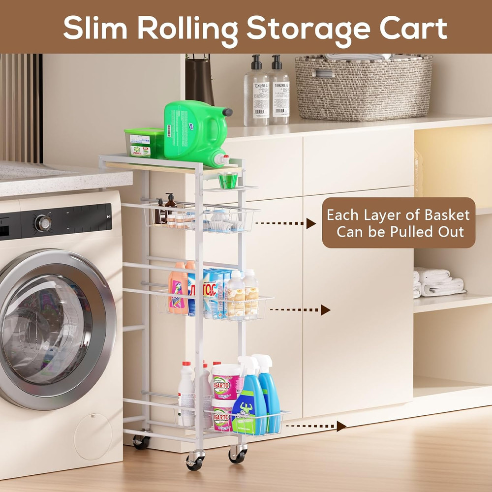 Slim 4-Tier Rolling Storage Cart with Pull-Out Baskets for Kitchen & Laundry