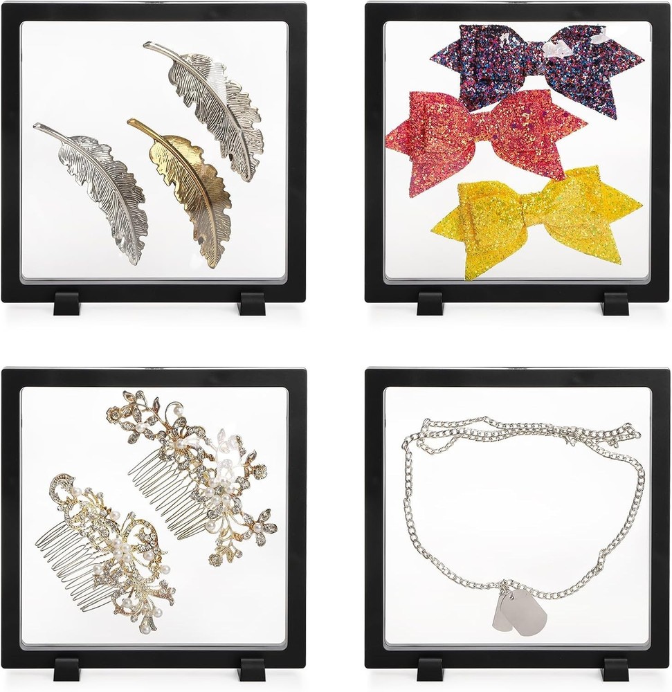 8 Pack Large 3D Floating Display Case, 6" Black Rock Display Frames with Stan...