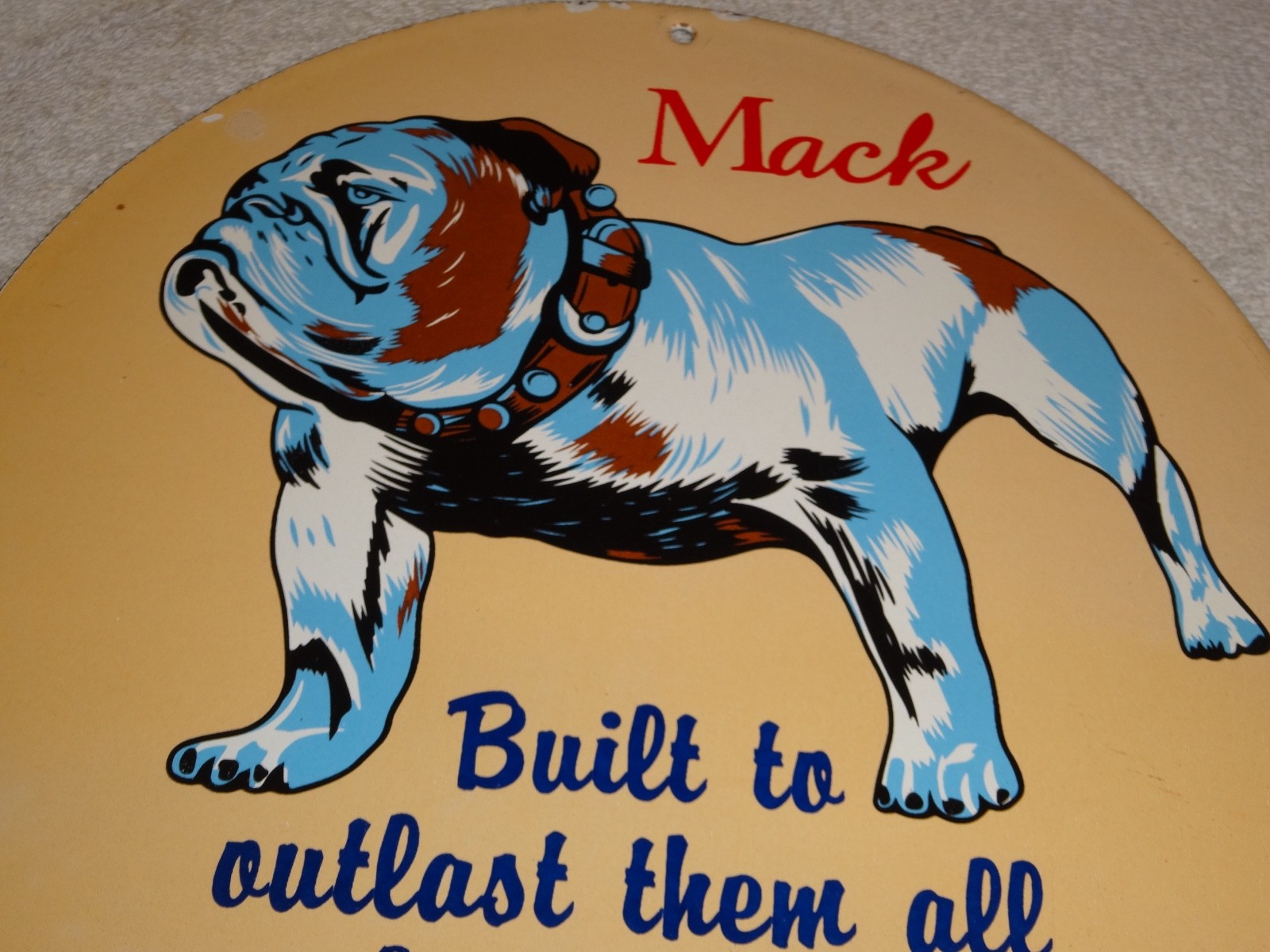 VINTAGE MACK🐶TRUCKS BUSES GASOLINE DIESEL 11 3/4" PORCELAIN METAL OIL DOG SIGN