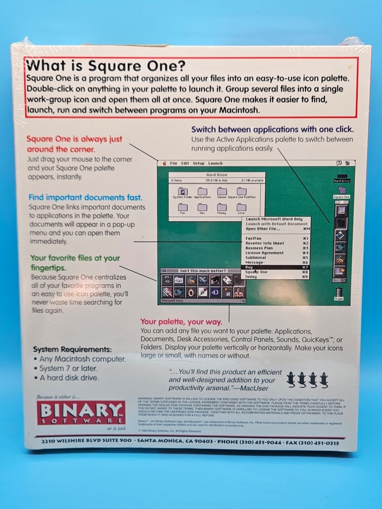 SEALED Vintage Binary Software Square One Push-Button Control Macintosh Unique