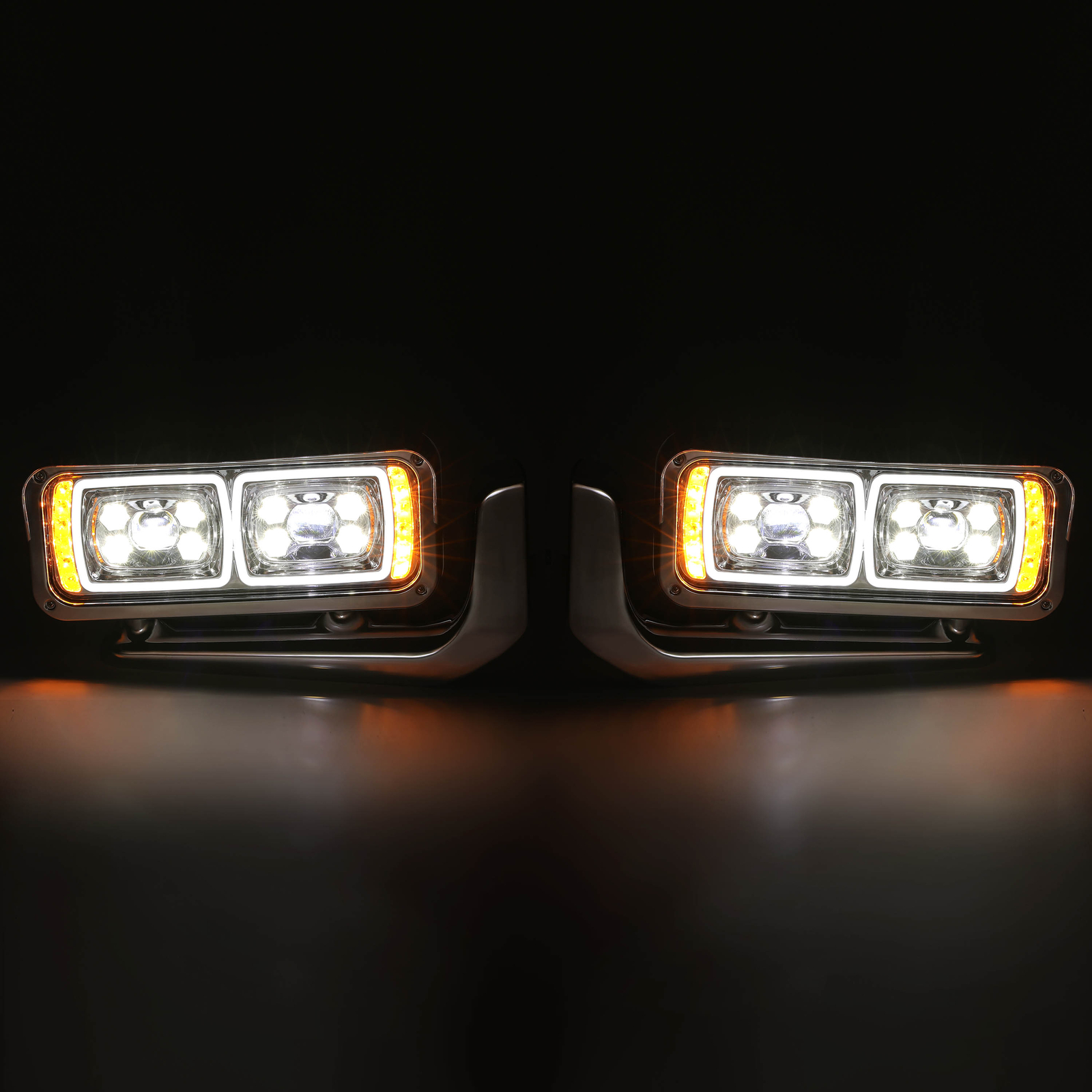 LED Signal Chrome Projector Headlights w/Mounting Arms For Peterbilt 359 379 389