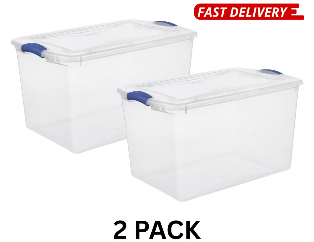 (Pack of 2) Stackable Plastic Tote Box Storage Containers Bin 66 Quart, Storage