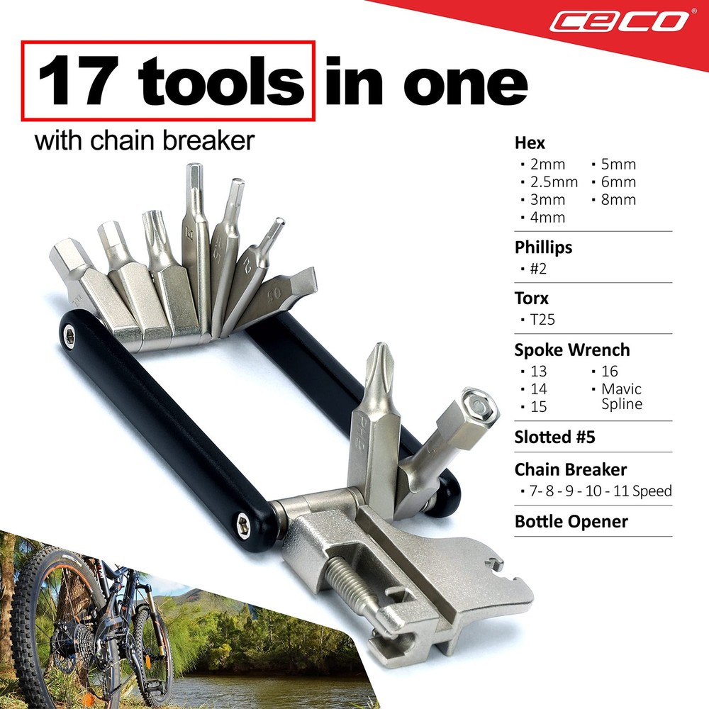 17 Function Bicycle Multi Tool With Chain Breaker Maintenance Repair Black