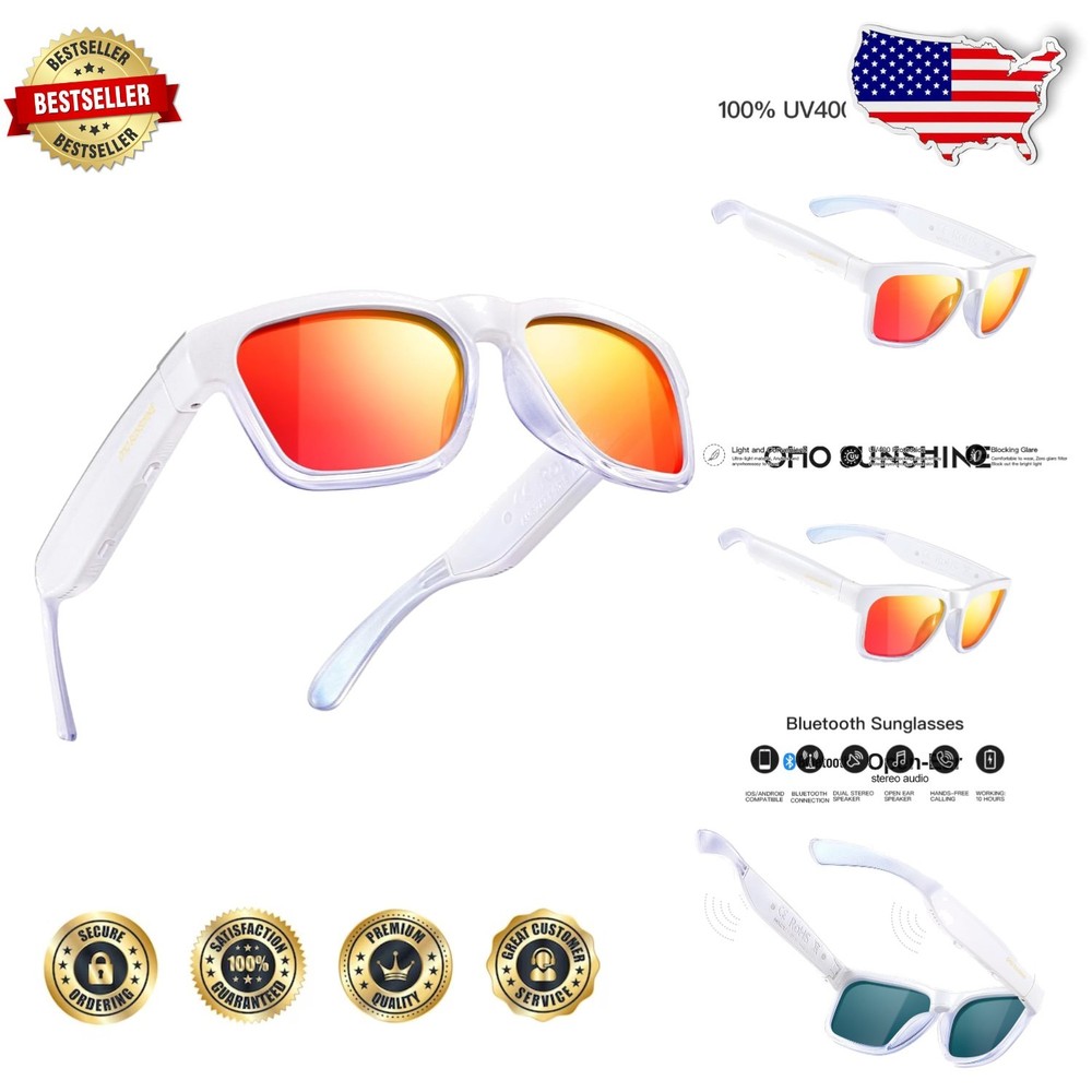 Chameleon White Bluetooth Sunglasses: Open Ear Audio, Voice Control, Polarized
