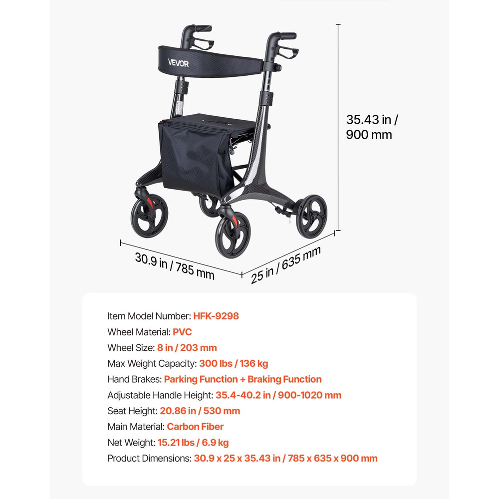 Carbon Fiber Rollator Walker with Seat Lightweight Foldable Mobility Aid