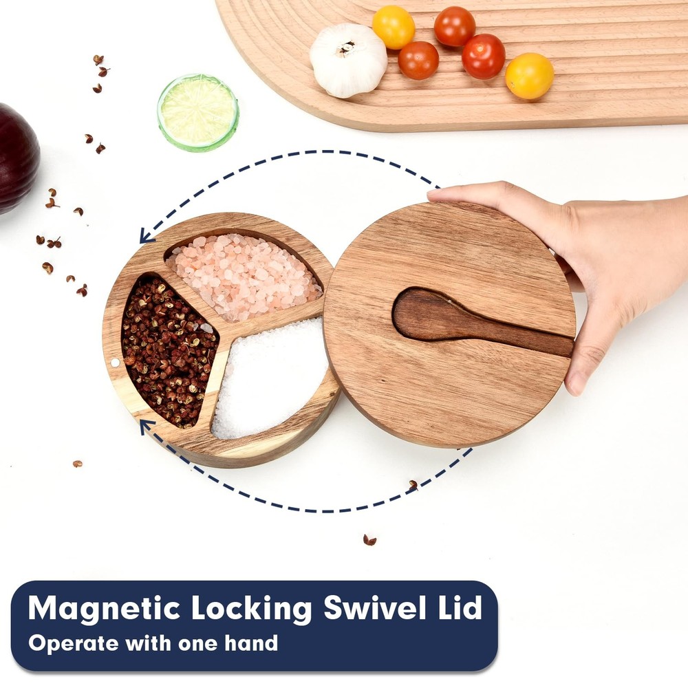 JUSTEMI Wood Salt & Pepper Box: 3-Compartment Kitchen Condiment Container Set
