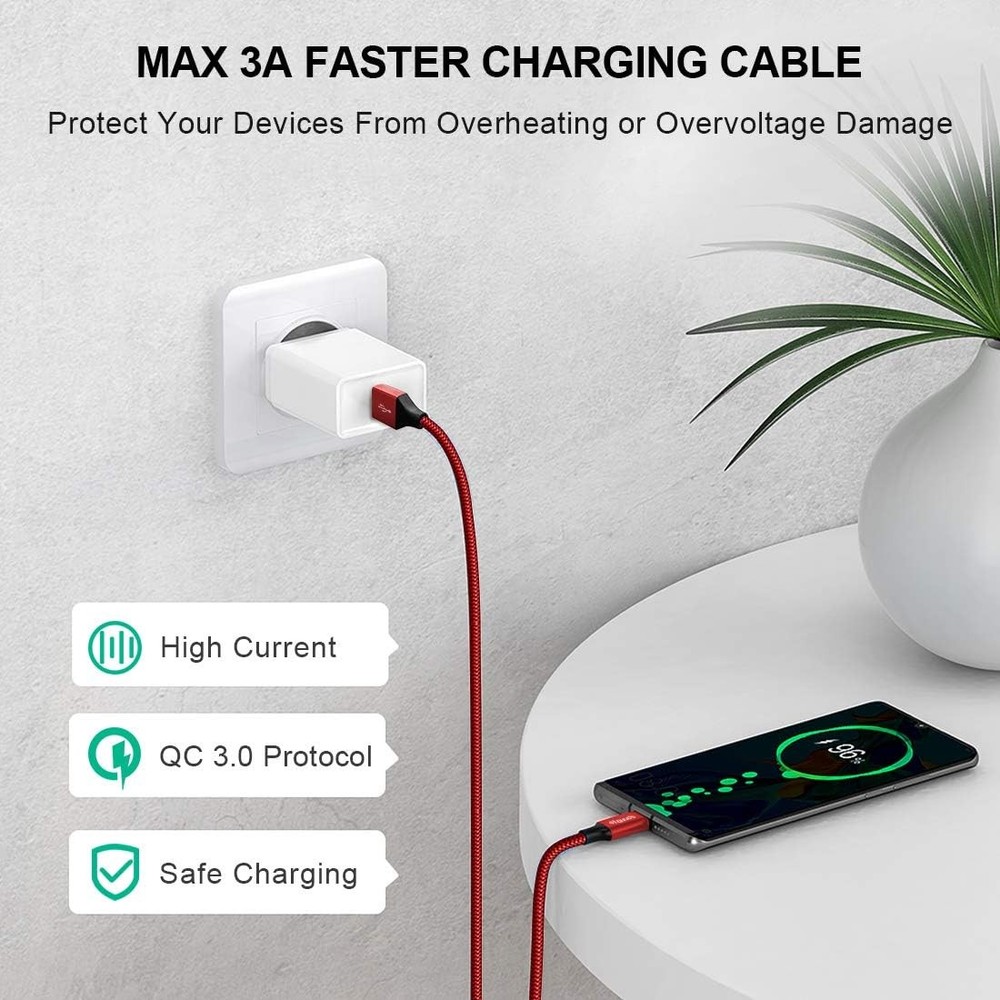 etguuds USB A to C Cable 6ft, 2-Pack, 3A Fast Charging Type C Red
