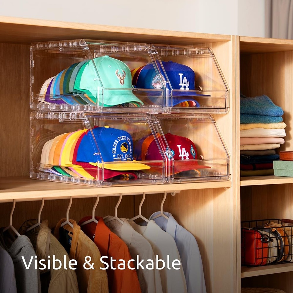 Ozueccr 2 Pack Hat Organizer for Baseball Caps – Stackable Clear Display Box wit