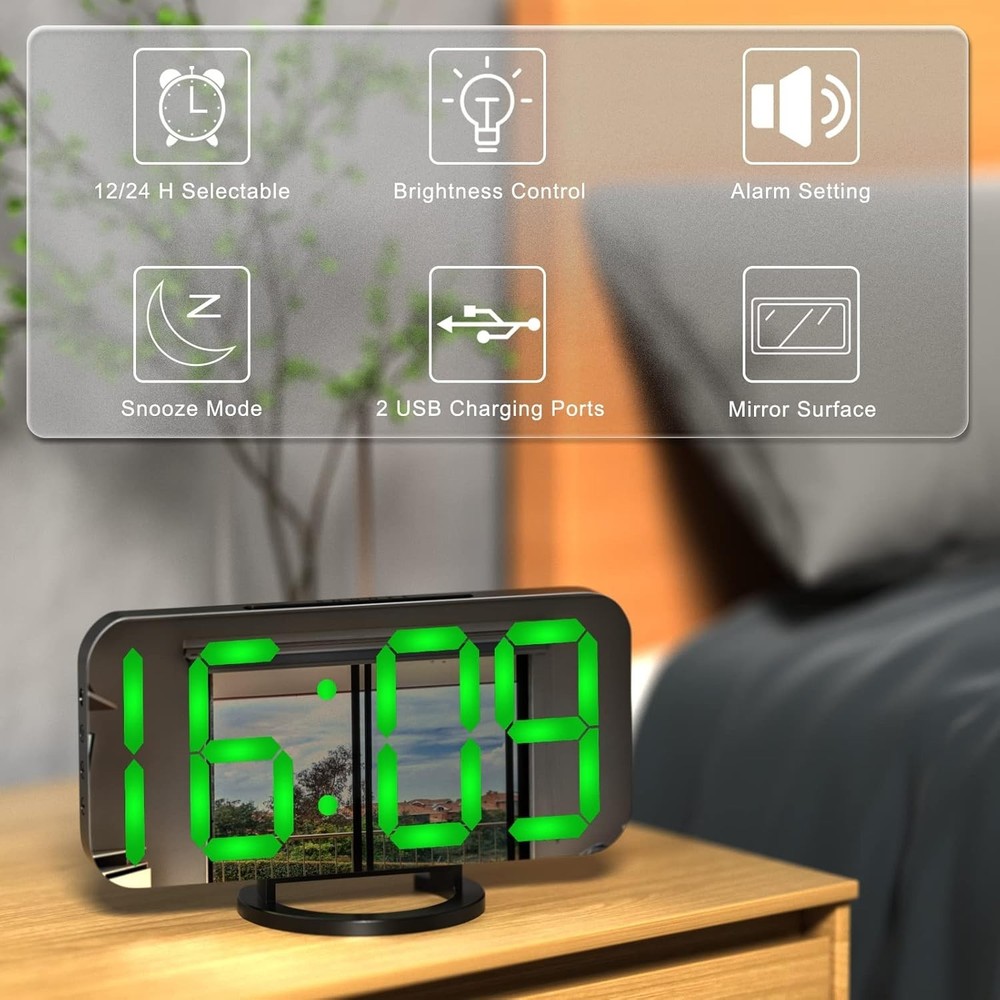 Stylish Mirrored Alarm Clock with Easy Operation & Enhanced Visibility - 6.7”