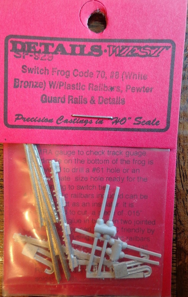 Details West 929 x HO Switch Frog Code 70 #8 w/Plastic Railbars & Pewter Guard