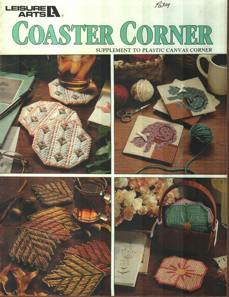 COASTER CORNER LEAVES FLOWERS CAT CHICKEN HOME DECOR PLASTIC CANVAS PATTERN BOOK