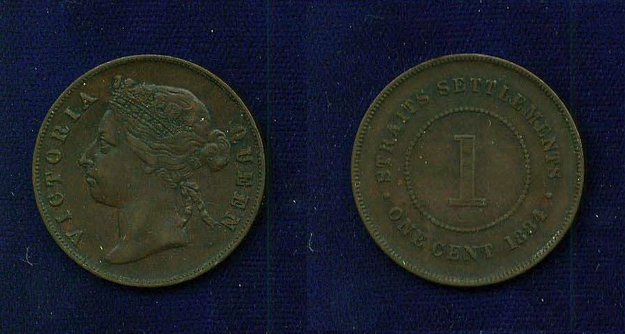STRAITS SETTLEMENTS  VICTORIA  1884  1 CENT COIN  XF+