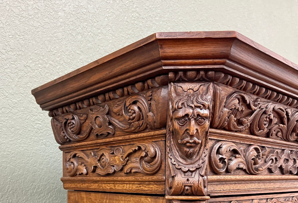 Antique French Renaissance Revival Bookcase Cabinet Side Doors Oak c. 1880s