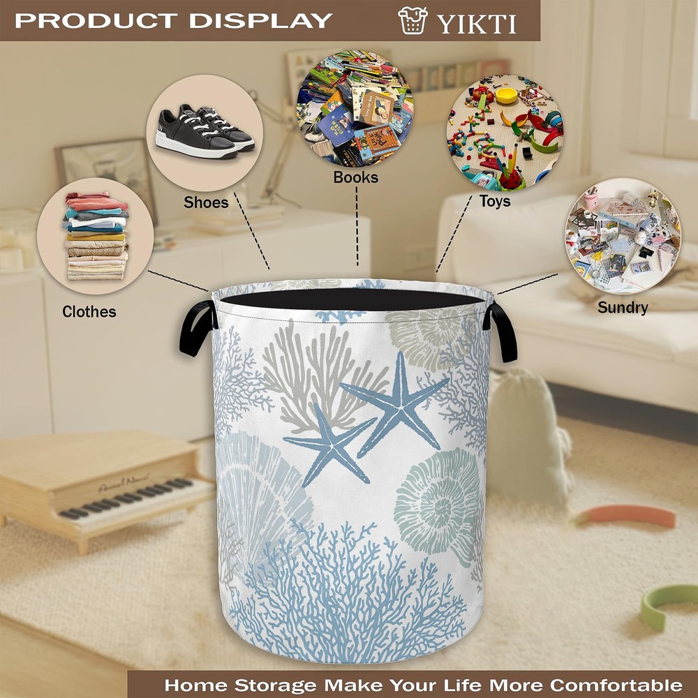 Collapsible Laundry Basket,Coastal Beach Dirty Clothes Hamper,Shell Starfish ...