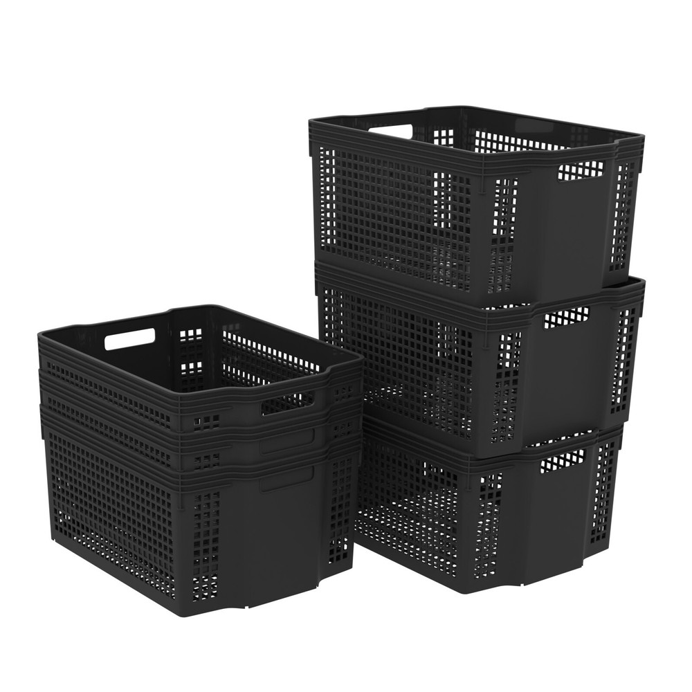 6 Pack Large Stackable Basket, Plastic Woven Basket Organizer, Black