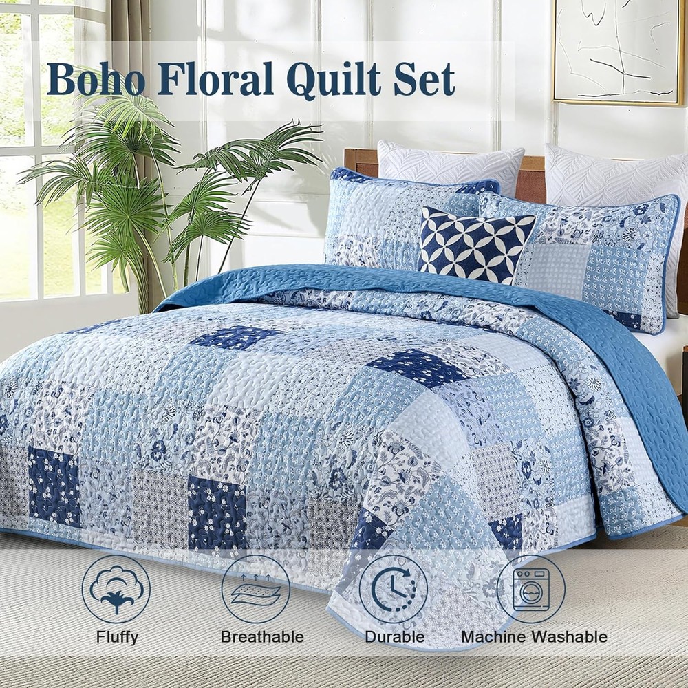 Menghomeus Blue Quilt Set Queen Boho Patchwork Bedspread Floral Queen,