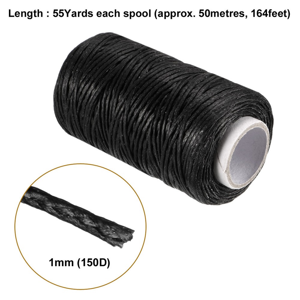 Leather Sewing Stitching Flat Waxed Thread String Cord (150D 1mm 50M, Black )