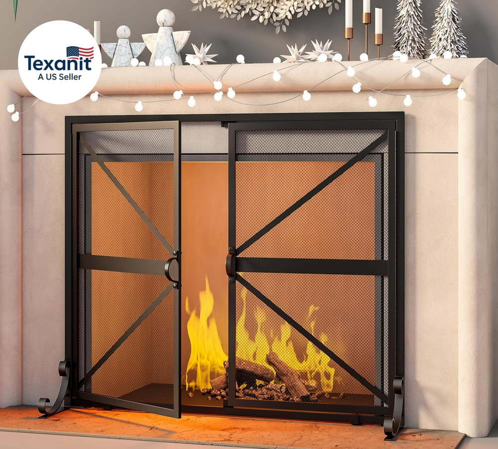 Fireplace Screen with Doors, 2-Pannel Handcrafted Solid Wrought Iron Decorative