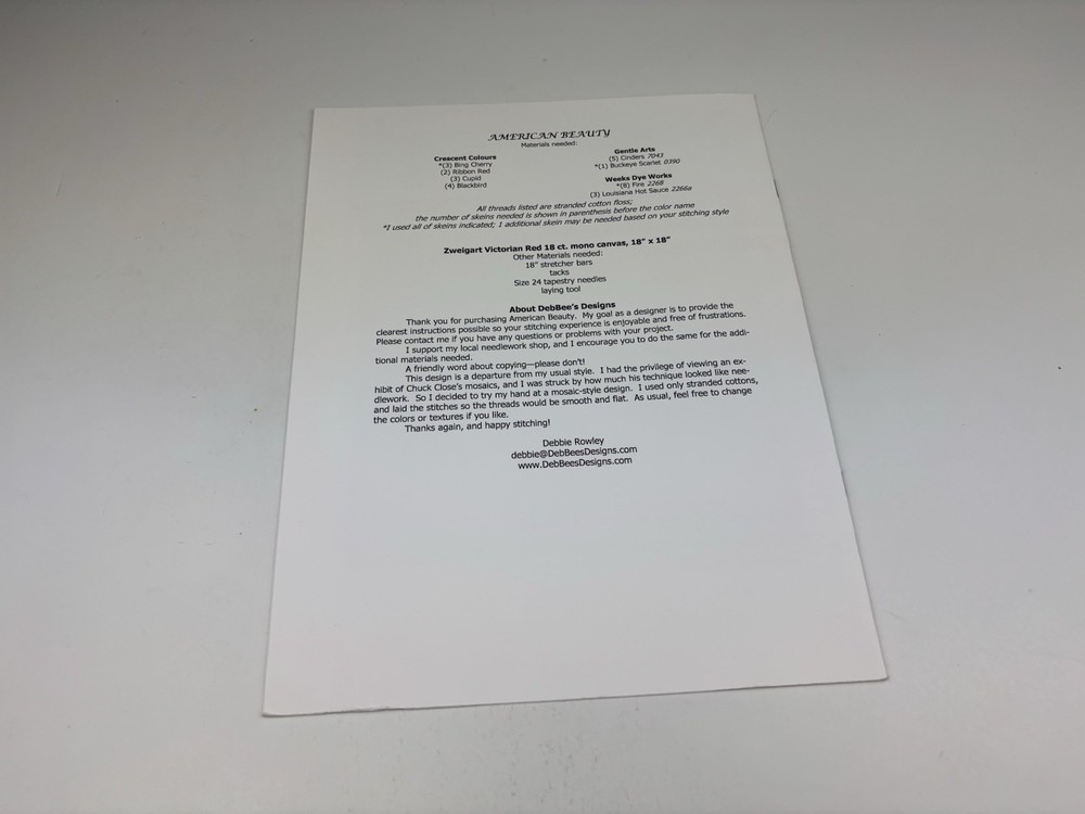 DebBee’s designs American Beauty needlepoint pattern 8S