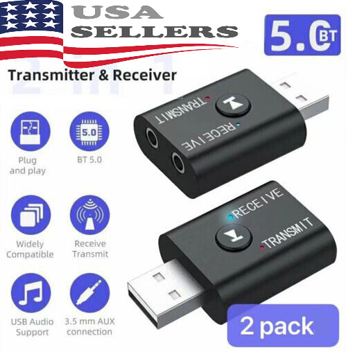 Bluetooth 5.0 2in1 Transmitter Receiver Car Wireless Audio Adapter USB 3.5mm Aux