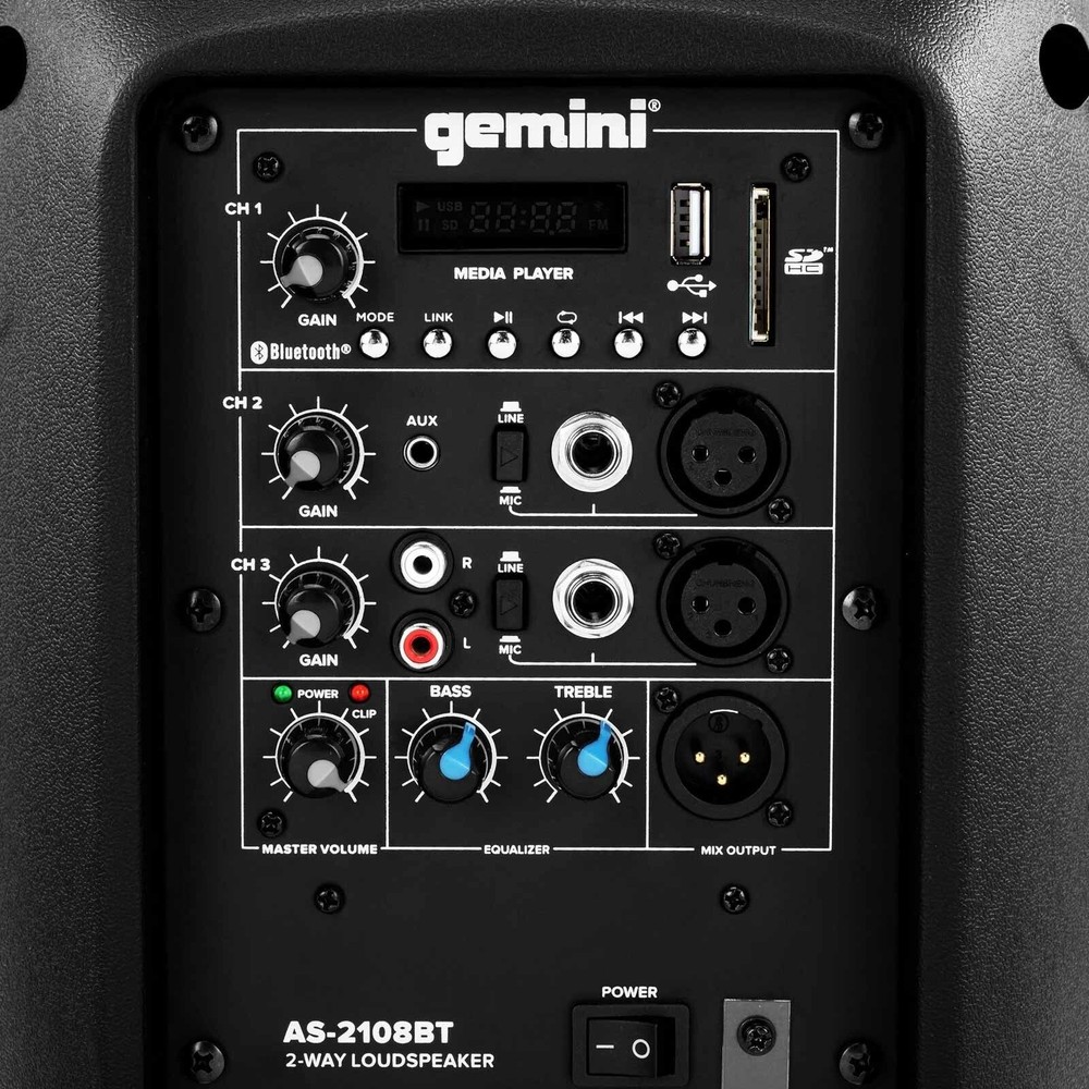 Gemini AS-2108BT Active Powered DJ PA 8" Loudspeaker w Bluetooth Connectivity