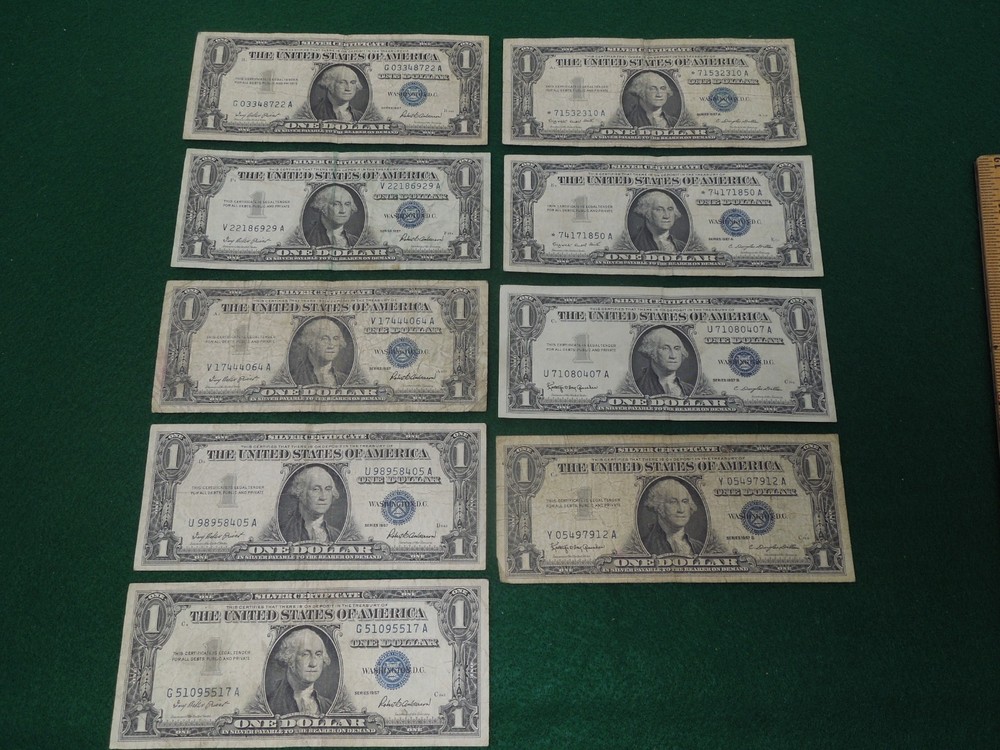 9 each - 1957 $1 USA Dollar, Silver Certificates