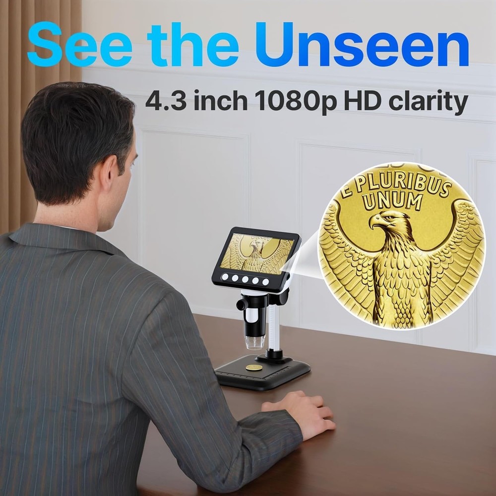 Versatile 1080P USB Digital Microscope with 4.3" LCD and 8 Adjustable LED Lights