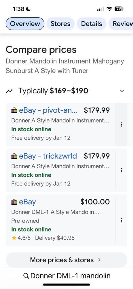 Sunburst Donner Mandolin 8 String Beginner Set with Soft Case & Pick Great Cond
