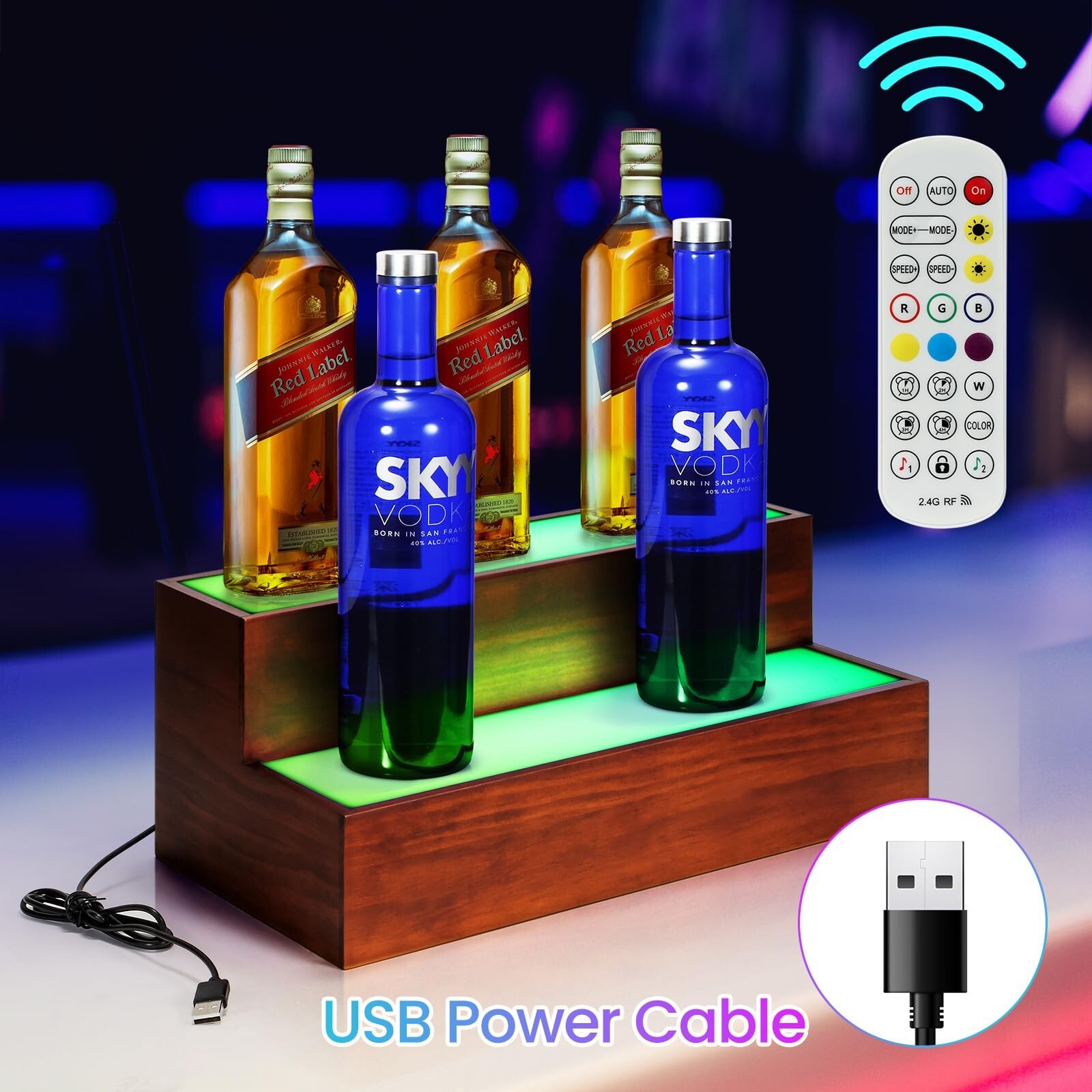 B4Life LED Lighted Liquor Bottle Display Shelf, 2 Tier 16 Inch LED Bar Shelve...