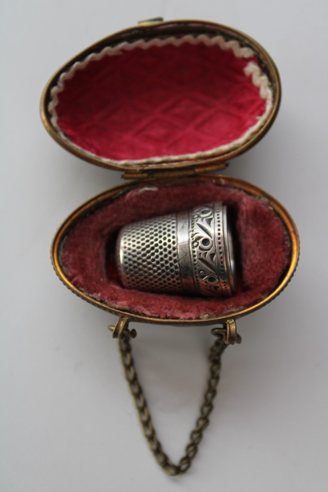 Antique 19th Century Painted Brass Egg Chatelaine Thimble Case w/ (2) Thimbles