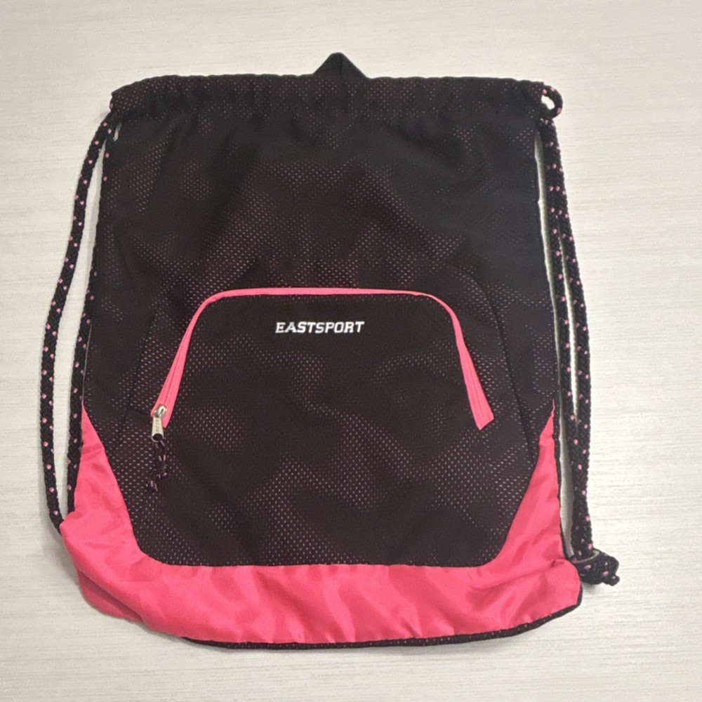 Eastsport Drawstring Gym Bag Black Pink Polyester Front Pocket Adjustable Strap