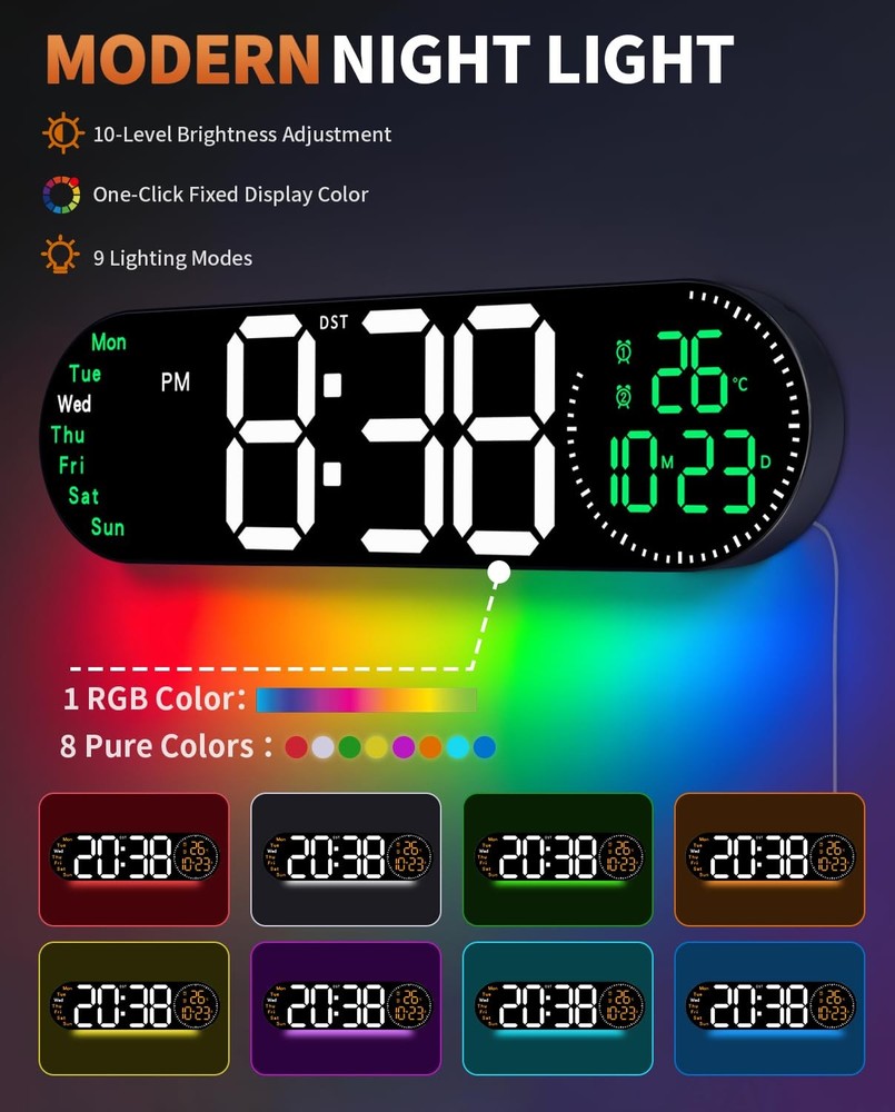 17.2 Inch Large Digital Wall Clock with 9 Color Changing Remote Control, Date...