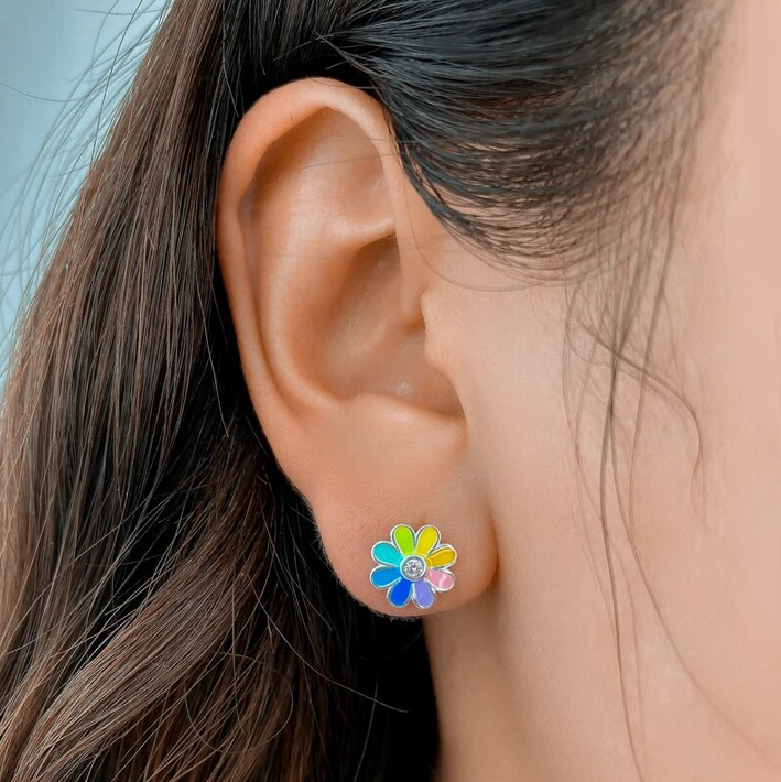 18K 925 Sterling Silver Rainbow Glaze Flower Charm Adjustable Ring/Stud Earrings