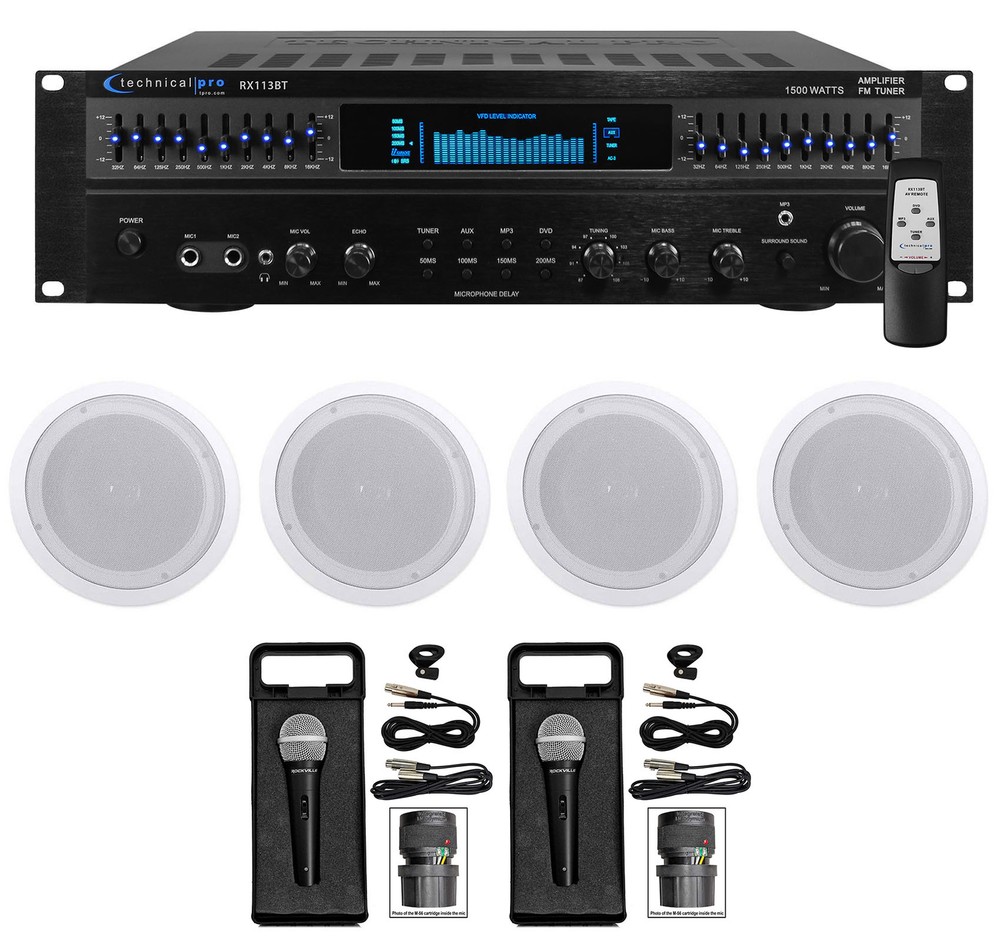 Technical Pro 1500 Watt Home Karaoke Machine System+(4) 8" Ceiling Speakers