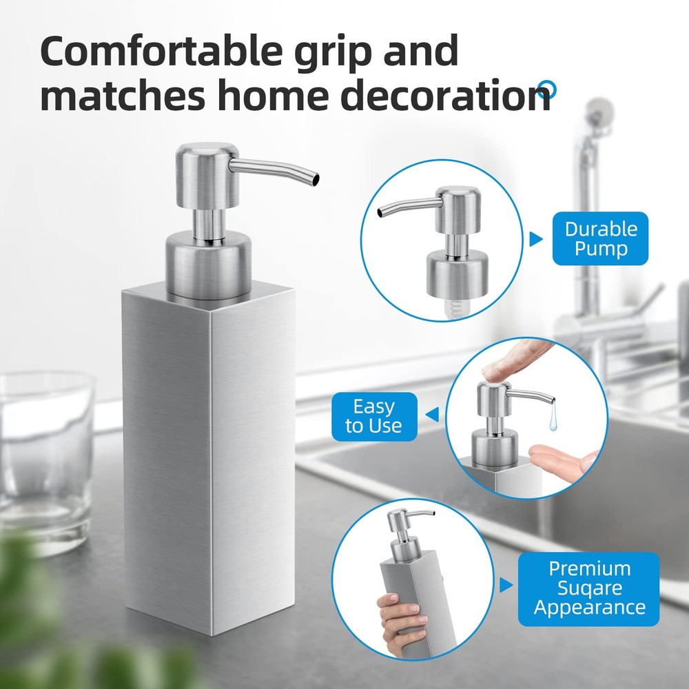 GLUBEE Soap Dispenser with Rust Proof Stainless Steel Square, Square-silver
