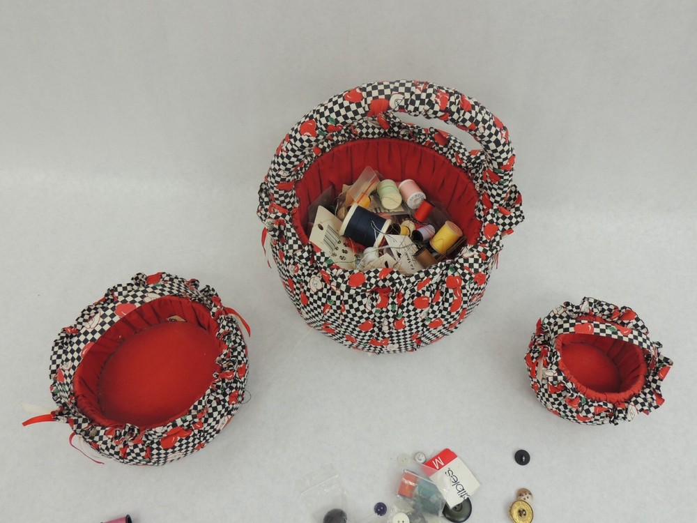 SEWING/CRAFTING 3 FABRIC CONTAINERs, WITH ASSORTED SUPPLIES