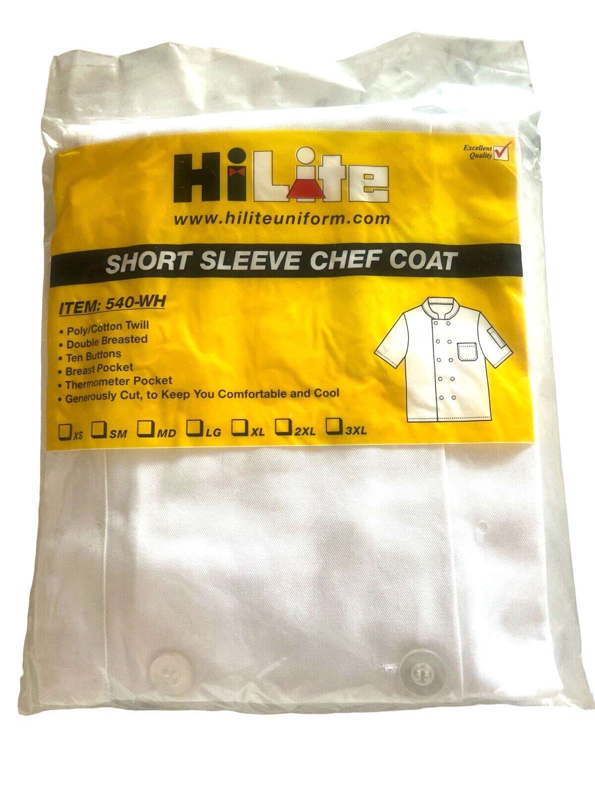 HiLite Short Sleeve Chef Coat #540-WH White 10 Buttons Pocket Sz S NEW