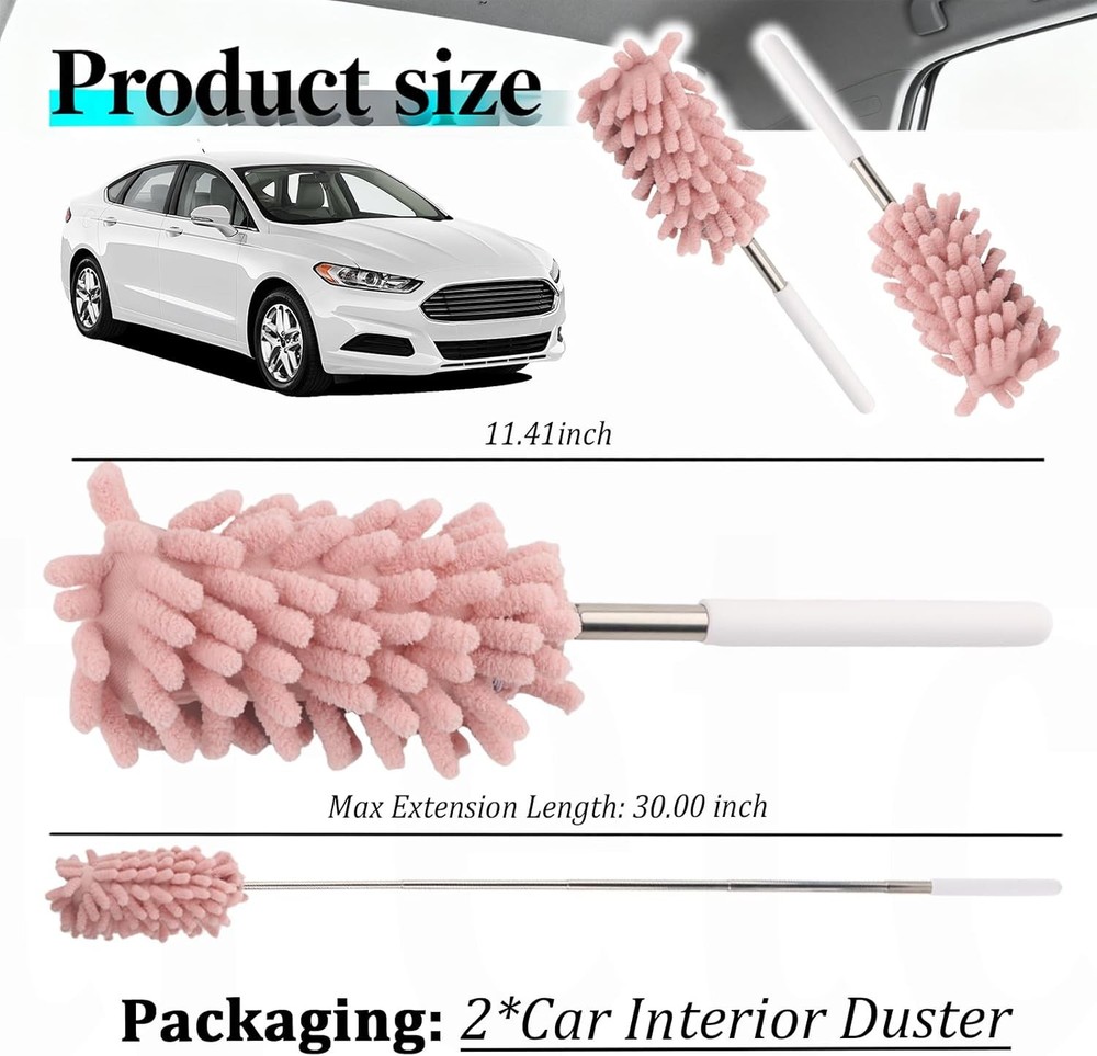 2PCS Car Interior Duster Pink Microfiber with Bendable Head & Retractable Pole