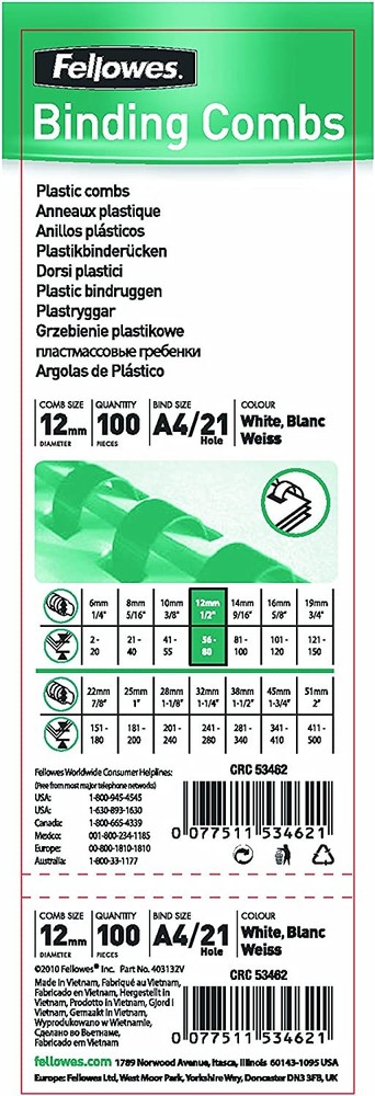 Fellowes A4 12 mm Plastic Binding Combs for Comb Binding Machine, Binds 56 to 80