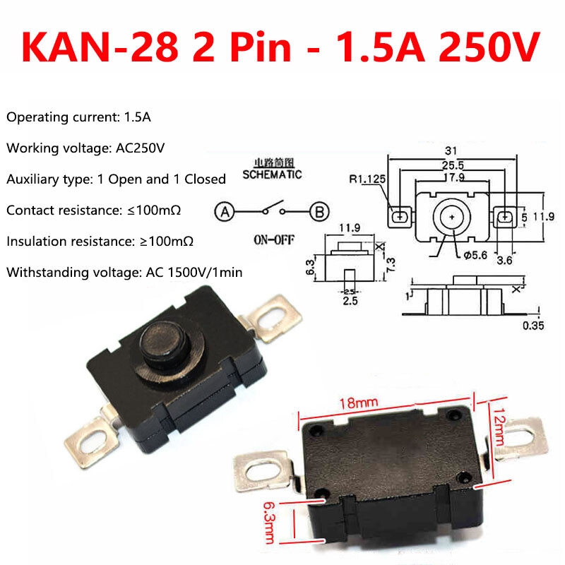 On/Off Push-Button Latching Switch for Mini Electric Torch Various Sizes Black