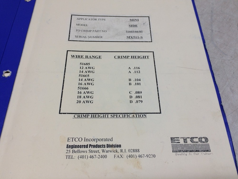 ETCO Mini Applicator Side Model 51665/66/85 Crimp Press Tool Manual Guide