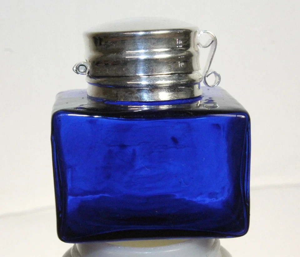 Vintage 1978 Square Cobalt Blue Glass Inkwell Bottle Sterling Silver Top