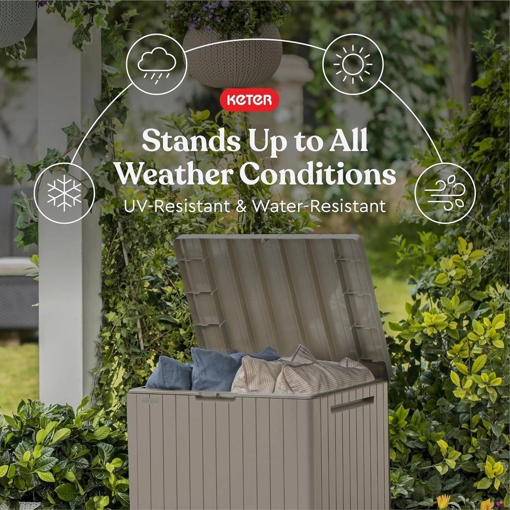 Compact Resin Outdoor Storage Box with Table Function – Lockable Beige Design