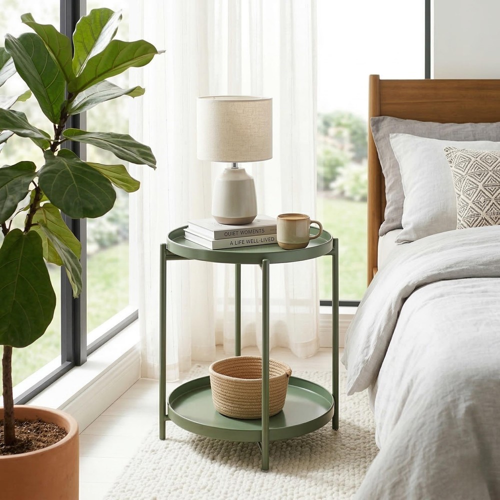 2 Tier Green Side Table, Folding Round Metal End Table Small Nightstand with ...