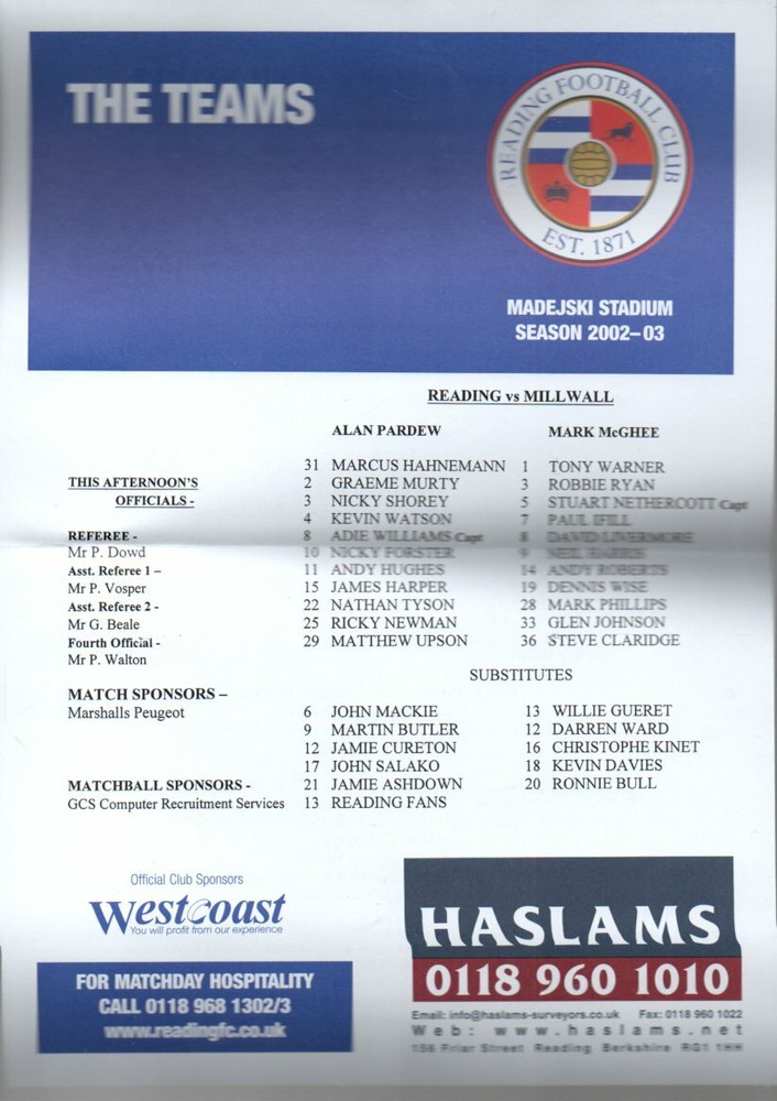 Team Sheet - Reading v Millwall 2002-03