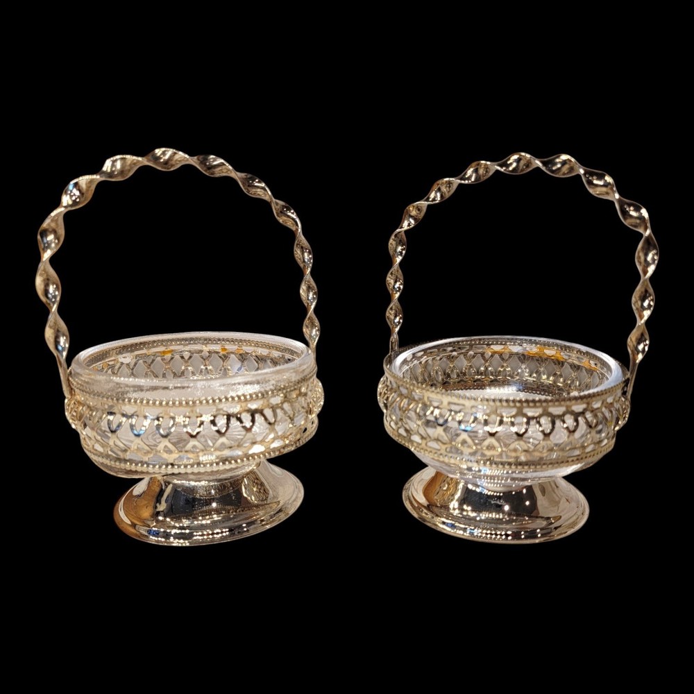 Set of 2 Silver Plated Nut Candy Baskets with Glass Liners Twisted Handle READ