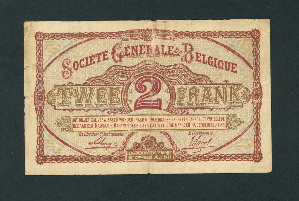 BELGIUM 2 FRANCS 1918 PICK # 87 FINE+.
