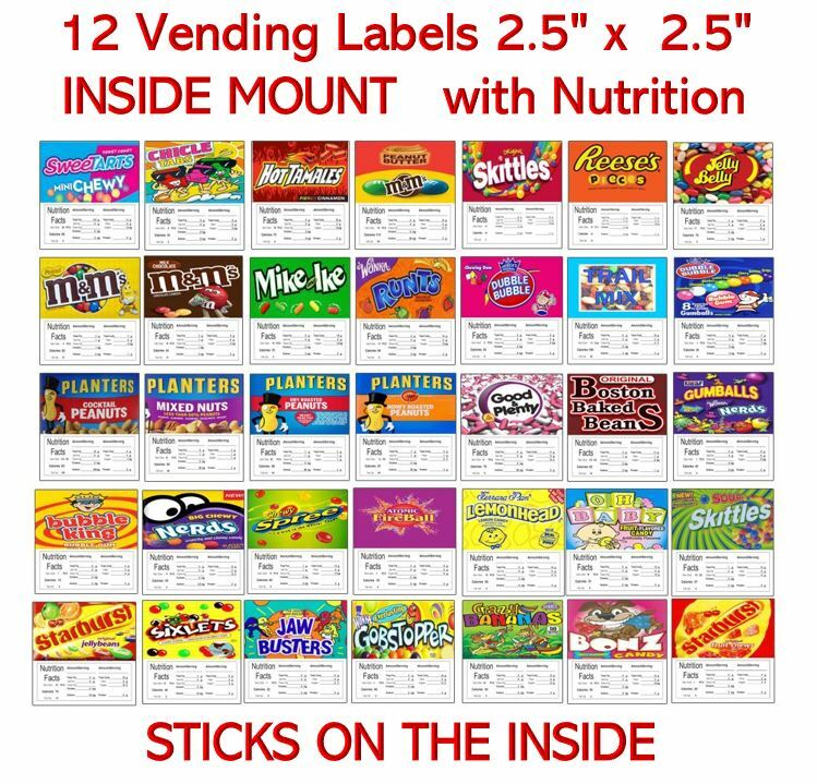 12 STICKS Inside Mount VENDING Machine candy labels Stickers NUTRITION