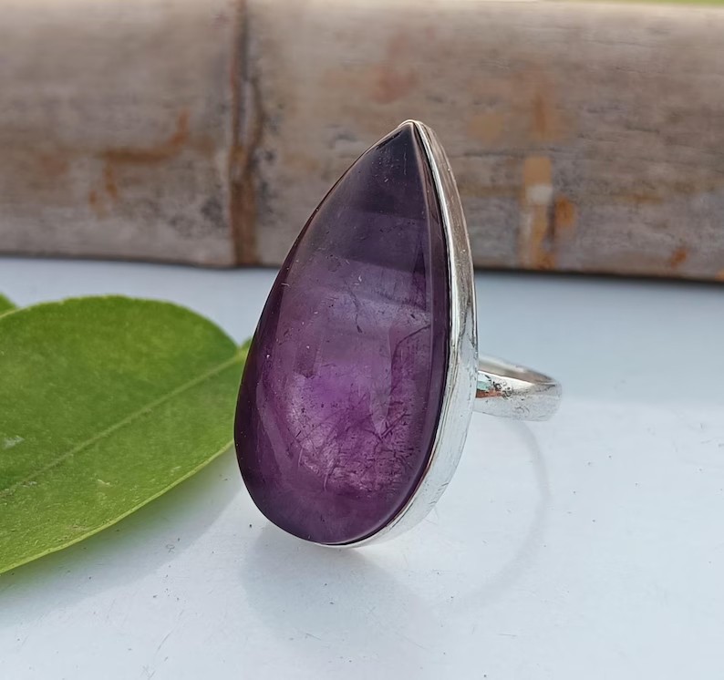 Solid 925 Sterling Silver Natural Amethyst Pear Gemstone Statement Handmade Ring